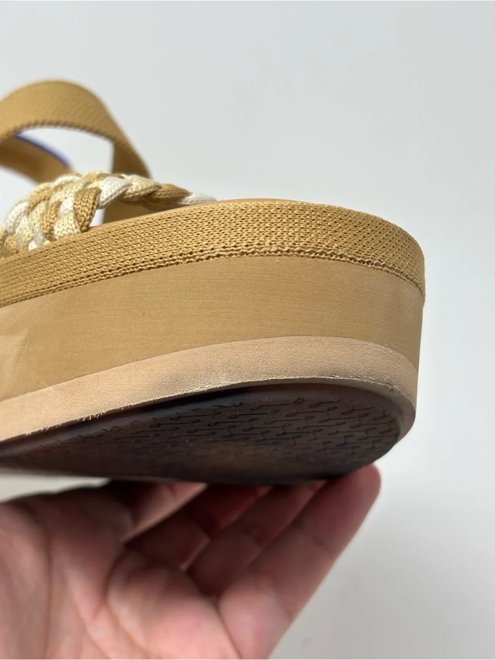 Rothy's Tan Woven Strap Platform Wedges
